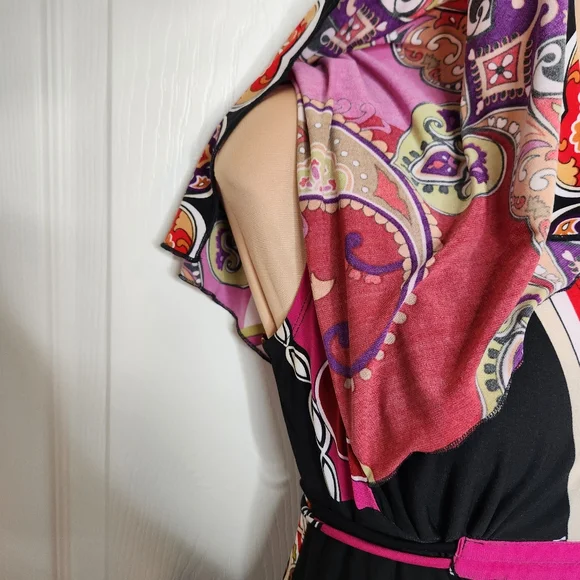Carole Little Flutter Sleeve Midi Dress Paisley Size 4 Red Black Pink White - Picture 3 of 8